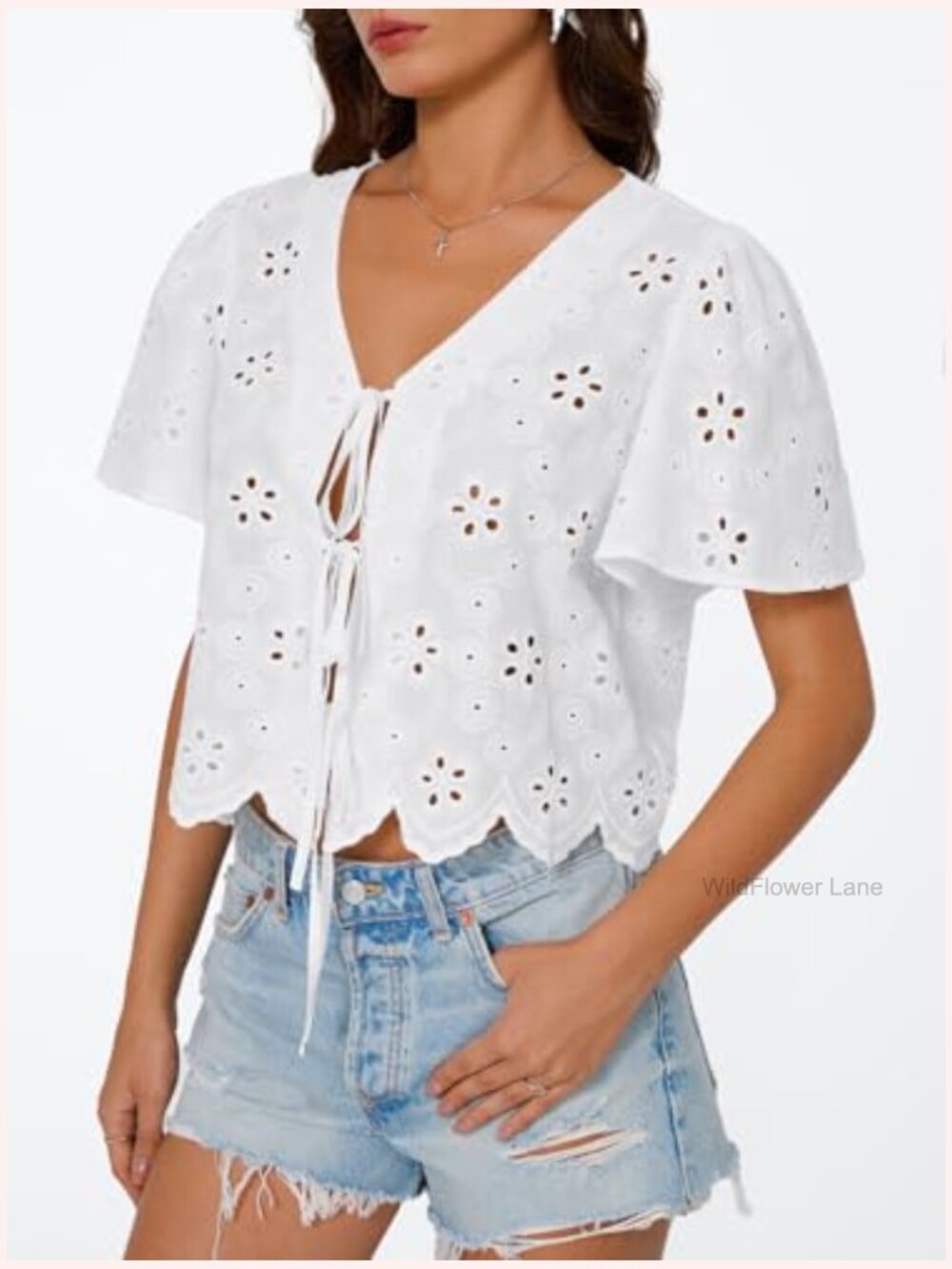 Eyelet Tie-Front Boho Blouse Sleeveless Crop Top Y2k - Picture 3 of 6